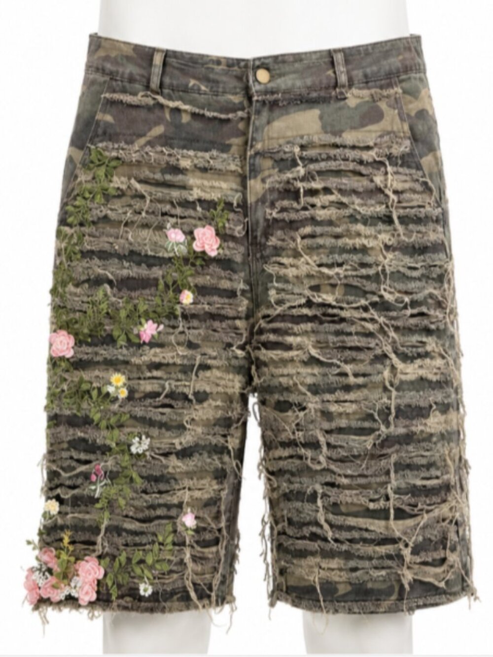 BoohooMAN Relaxed Heavily Distressed Camo Longline Shorts 40 Floral Shredded‎